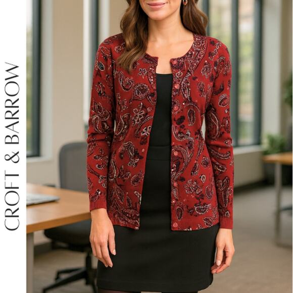 CROFT & BARROW Maroon Paisley Print Cardigan, M, NWT! - Picture 1 of 9